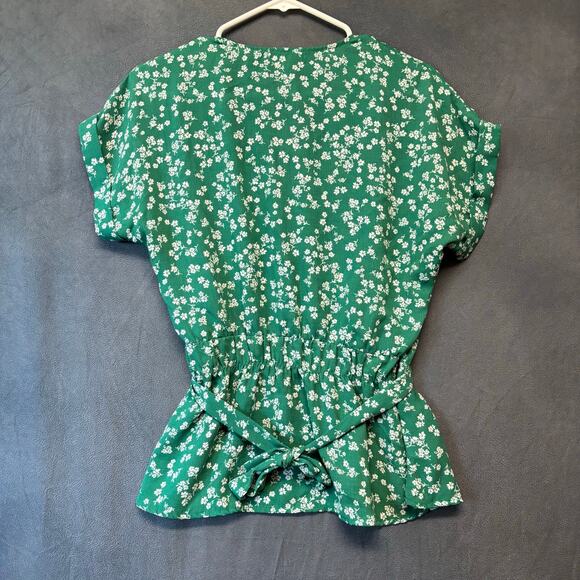 Sweet Rain Green Floral Button Blouse Romantic Peplum Waist Tie Cottagecore - Picture 2 of 12